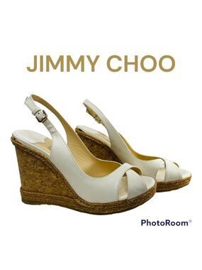 Jimmy Choo Shoes Amely 80 Ivory Leather Platform Wedge Sandals Size 37/7